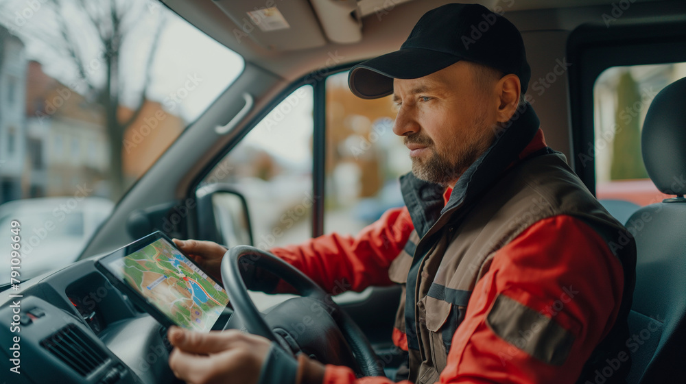 A delivery driver utilizing a GPS-guided delivery route optimization system for faster deliveries. Quality, high level, reliability, team A delivery driver utilizing a GPS-guided delivery route optimization system for faster deliveries. Quality, high level, reliability, team