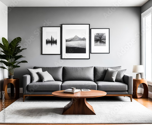 A paper size ISO frame mockup, Living room wall poster mockup, Interior house background mockup. Modern interior design in 3D rendering. Generative AI. V-9