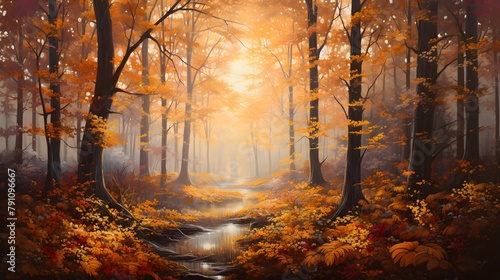 Beautiful autumn forest with fog and falling leaves - panoramic background