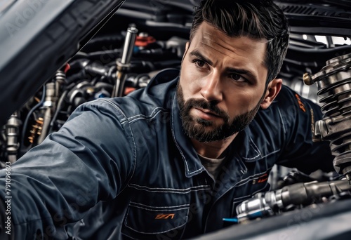 Close-up portrait of a male mechanic at work in a car repair shop 