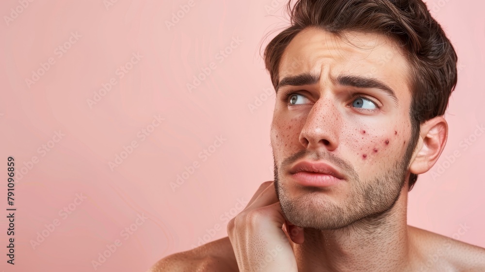 Thoughtful young man with acne, looking up and away, touching his chin against a soft peach background. Thoughtful young man with acne, looking up and away, touching his chin against a soft peach background.