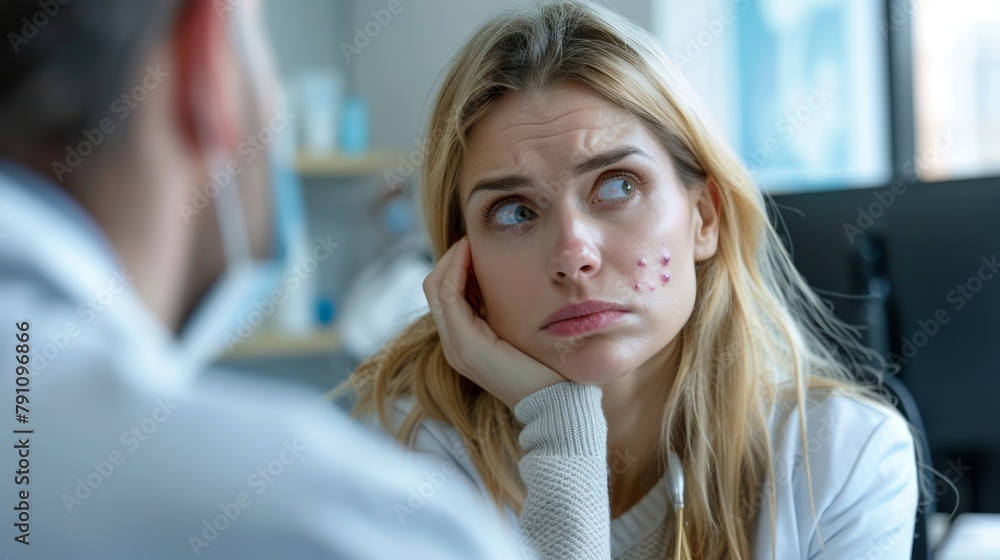 A worried young woman with acne consulting a dermatologist, depicting concern and the search for medical solutions. A worried young woman with acne consulting a dermatologist, depicting concern and the search for medical solutions.