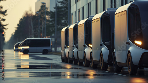 A logistics team developing a fleet of autonomous delivery vehicles for urban logistics. Quality, high level, reliability, team photo