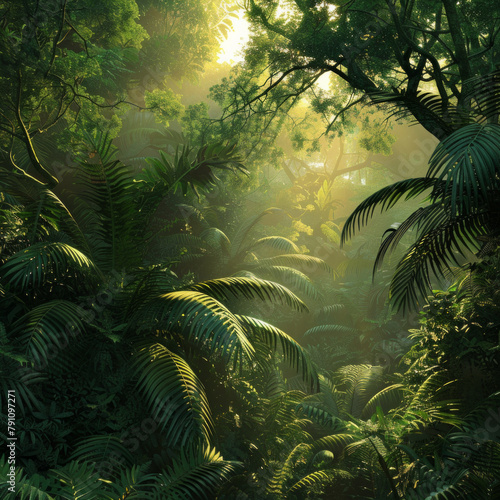 A lush green jungle with sunlight shining through the trees