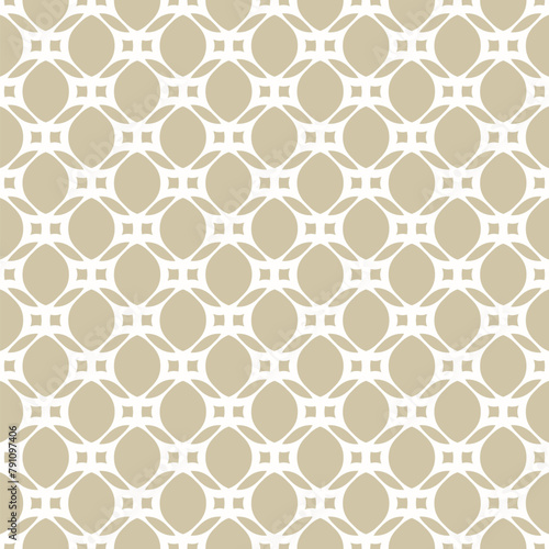 Vector golden geometric seamless pattern with rounded grid, net, mesh, lattice, circles, curved shapes. Simple abstract gold background. Geometrical ornament texture. Repeated modern luxury geo design