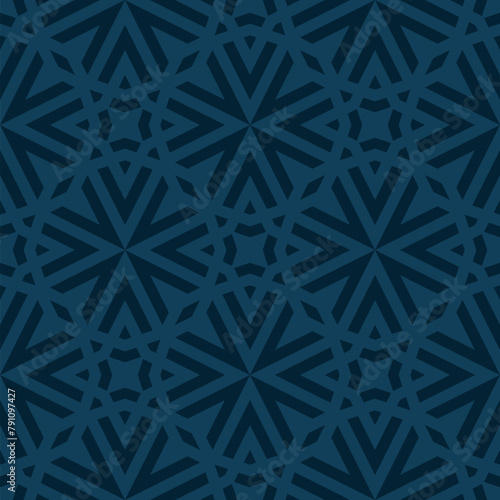 Vector modern geometric graphic texture. Elegant dark blue seamless pattern with lines, stars, arrows, grid, lattice, floral silhouettes. Simple abstract background. Subtle repeated dark geo design