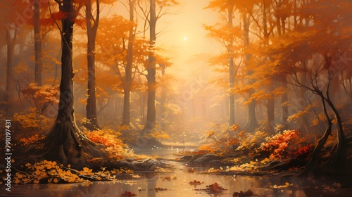 Autumn forest landscape. Panoramic view of the autumn forest at sunset. © Iman