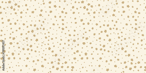 Golden ditsy pattern. Simple vector gold and white seamless ornament with small flowers. Elegant abstract floral background. Minimal luxury texture. Repeated design for decor, fabric, wallpaper, print