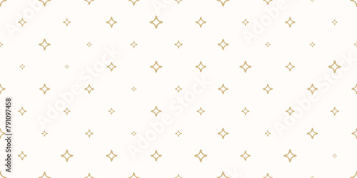 Golden vector seamless pattern with small diamonds, outline stars, sparkles. Abstract gold and white geometric texture. Simple minimal repeat background. Luxury design for decor, package, print, cover