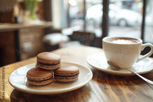 chocolate macaroons elegantly presented on a white plate in a café setting photo