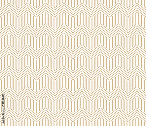 Golden vector geometric seamless pattern with thin lines, hexagon grid, quirky stripes. Gold and white abstract background. Simple modern minimal linear texture. Luxury repeated decorative geo design