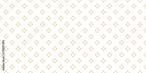 Simple golden minimalist floral pattern. Vector minimal seamless texture with small flower shapes. Abstract gold and white geometric background. Luxury ornament. Repeated design for print, package © Olgastocker