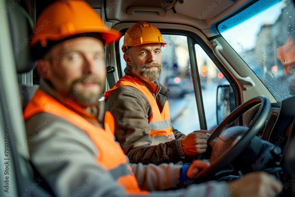 A focused driver and his companion in vivid orange safety equipment in a vehicle A focused driver and his companion in vivid orange safety equipment in a vehicle