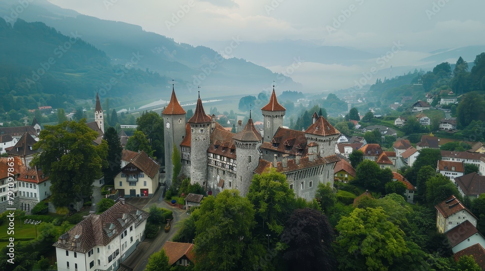 Prominent swiss style castle and houses in clear view, ideal for scenic searches