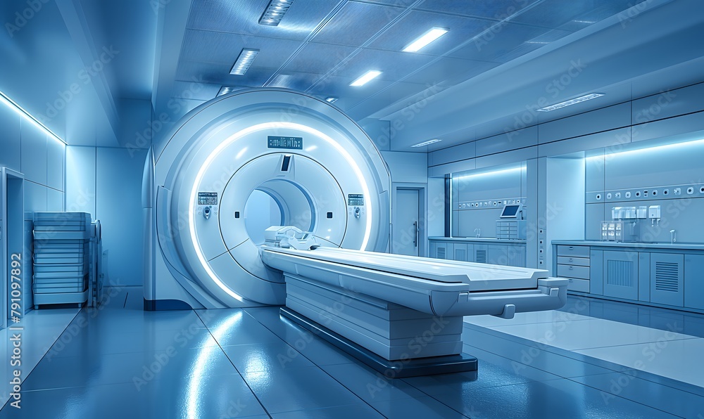 Advanced x-ray or mri scan medical diagnosis machine at hospital health care lab as wide banner with copy space area Advanced x-ray or mri scan medical diagnosis machine at hospital health care lab as wide banner with copy space area