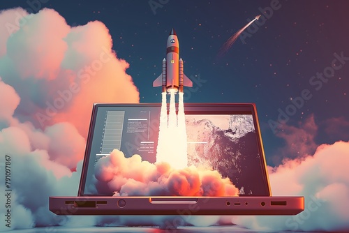 Illustration of a rocket flying from the laptop screen, Concept growing business photo