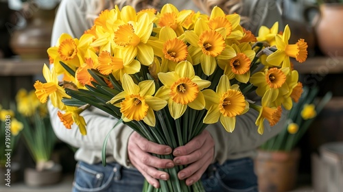  A woman holds a yellow daffodil bouquet before a potted plant in a florist shop