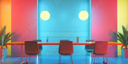 A brightly lit room with a table and chairs © tope007