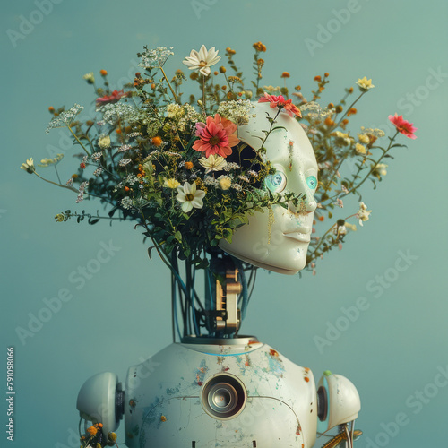 Beautiful metal robot from which fresh flowers grow on a blue background