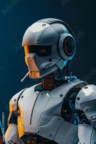 A futuristic robot wearing headphones works diligently on a laptop, showcasing the potential of artificial intelligence in content creation. The image highlights the role of AI in automating tasks