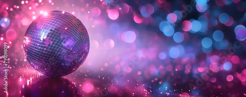 Disco ball background, purple and pink with blurred bokeh photo