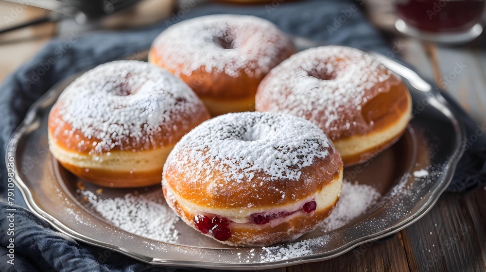 German donuts. berliner or quarkbällchen with jam and icing sugar. German donuts. berliner or quarkbällchen with jam and icing sugar.