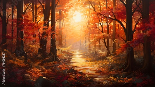 Beautiful autumn forest panoramic background with orange and red leaves