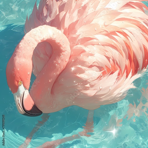 Bright and Beautiful Flamingo Floating in Crystal Blue Water photo