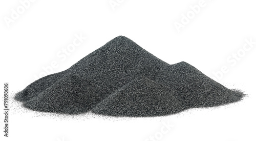 Pile of black quartz sand isolated on a white background. Crushed quartz is used in construction materials, water treatment and agriculture.
