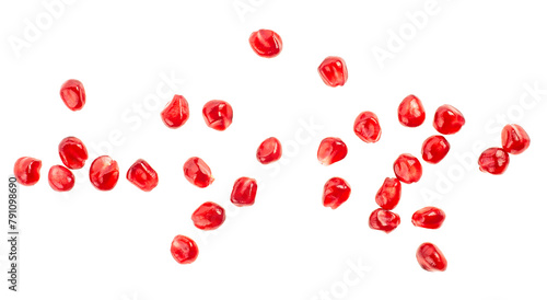 Fresh pomegranate seeds isolated on a white background, top view. © domnitsky
