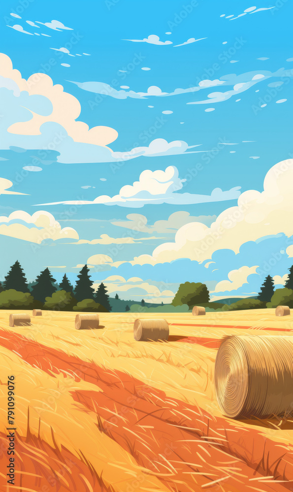 Fototapeta premium Summer Farmland Scene with Hay Bales