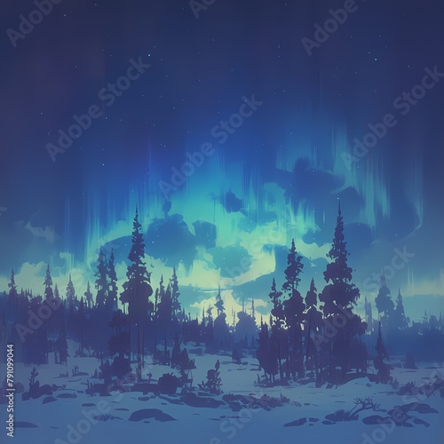 Captivating Northern Lights Illustration  Aurora Borealis Over Snowy Forest with Starry Night Sky