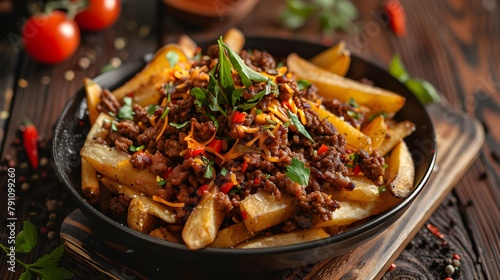 Double portion of spicy fries with beef mince photo