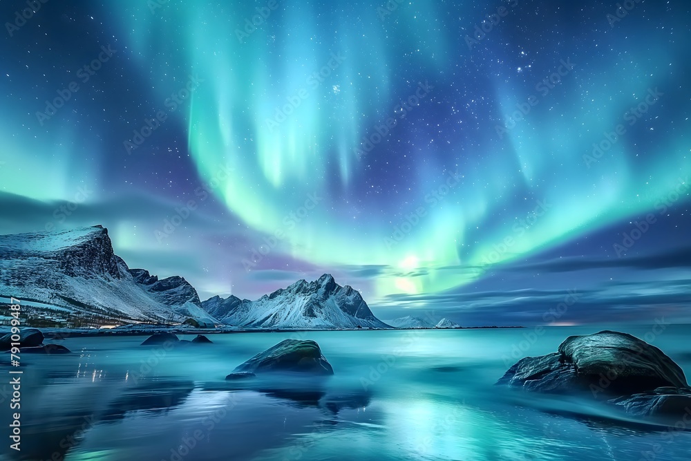 Naklejka premium Aurora borealis on the Lofoten islands, Norway, Night sky with polar lights, Night winter landscape with aurora and reflection on the water surface