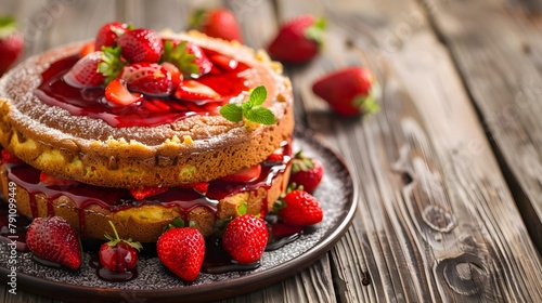 Delicious sponge cake with jelly and fresh strawberries on a wooden background.
