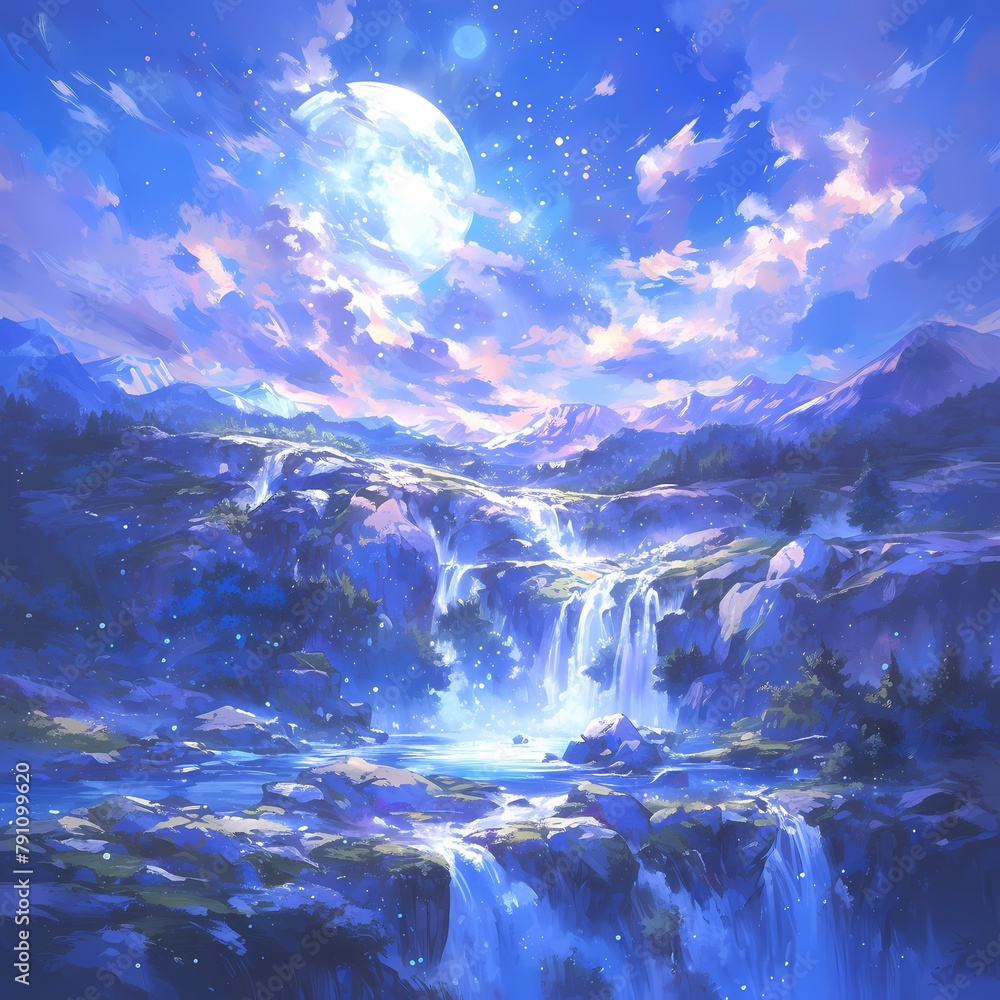 A Stunning Depiction of a Moonlit Enchanted Forest with Mystical Clouds Taper and Majestic Waterfall