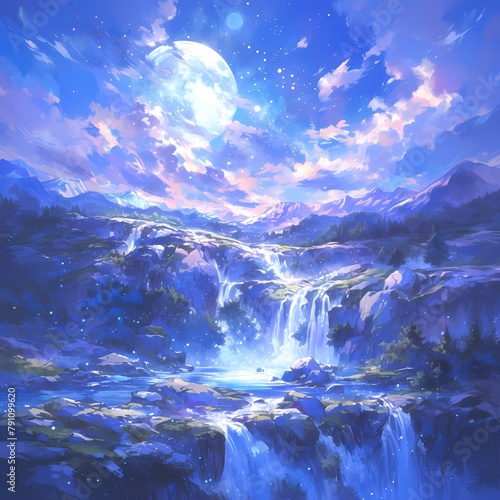 A Stunning Depiction of a Moonlit Enchanted Forest with Mystical Clouds Taper and Majestic Waterfall