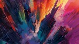 Aerial View of Urban Chaos: A Tapestry of Skyscrapers Bathed in Sunset Hues and Digital Noise