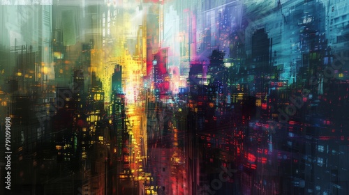 Cybernetic scape: Abstract Metropolis Flickering in Neon Pixels, background