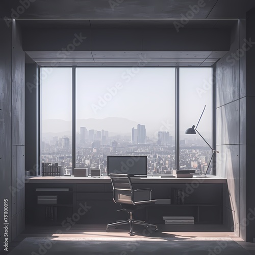 Efficient Minimalist Workplace Overlooking Skyline - Perfect for Productivity and Inspiration photo