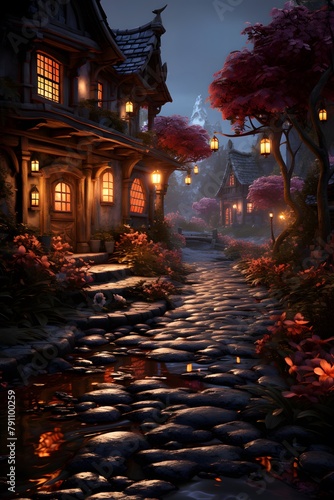 Halloween night in the garden with lanterns and stone path. © Iman