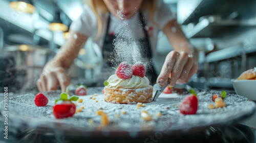 A woman is decorating a dessert with powdered sugar and strawberries