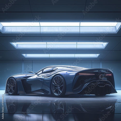 Stylish Blue Concept Car on Display in Futuristic Garage - High-Tech Automotive Design