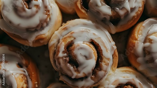 Closeup of a batch of frosted cinnamon rolls from above with soft indoor natural light