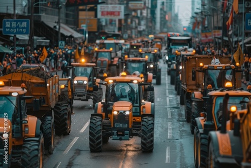 Agricultural workers protest with tractors, causing city traffic jams against tax increases