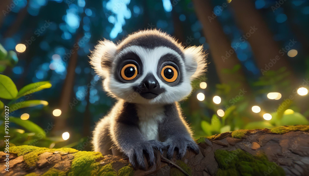 Adorable fairytale baby lemur character in the forest at night. 3d artwork. Adorable fairytale baby lemur character in the forest at night. 3d artwork.
