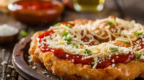 Classic Hungarian street food Langos, fried bread topped with ketchup, minced garlic and cheese 