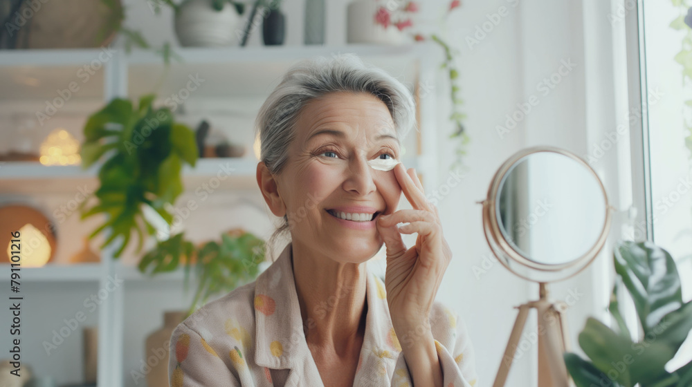 Stylish old woman applying white anti aging cream at her face skin while standing in front of mirror Stylish old woman applying white anti aging cream at her face skin while standing in front of mirror