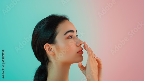 Side view of woman touching her face  cosmetology surgery concept on isolated pink and blue gradient background with space for copy