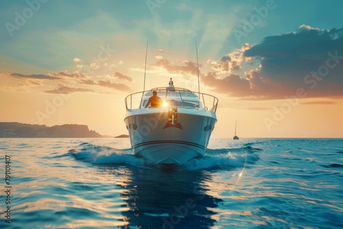 Group of diverse friends having fun on luxury yacht at sunset, enjoying vacation sailing on sea